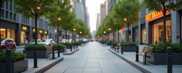 Urban streetscape showing diverse street furniture designed for safety and security in a modern city environment