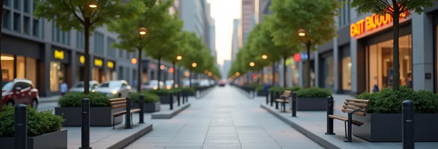 Urban streetscape showing diverse street furniture designed for safety and security in a modern city environment