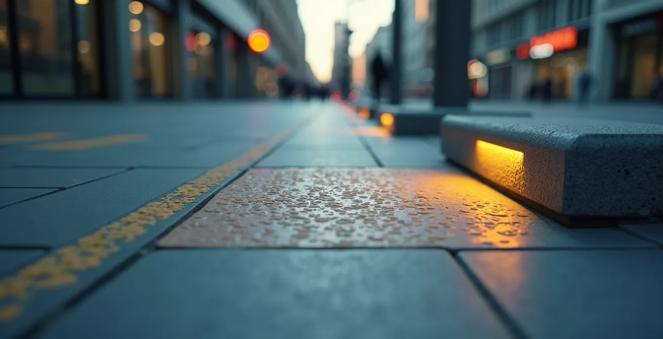 Urban sidewalk featuring textured surfaces and clearly placed street furniture facilitating safe pedestrian navigation