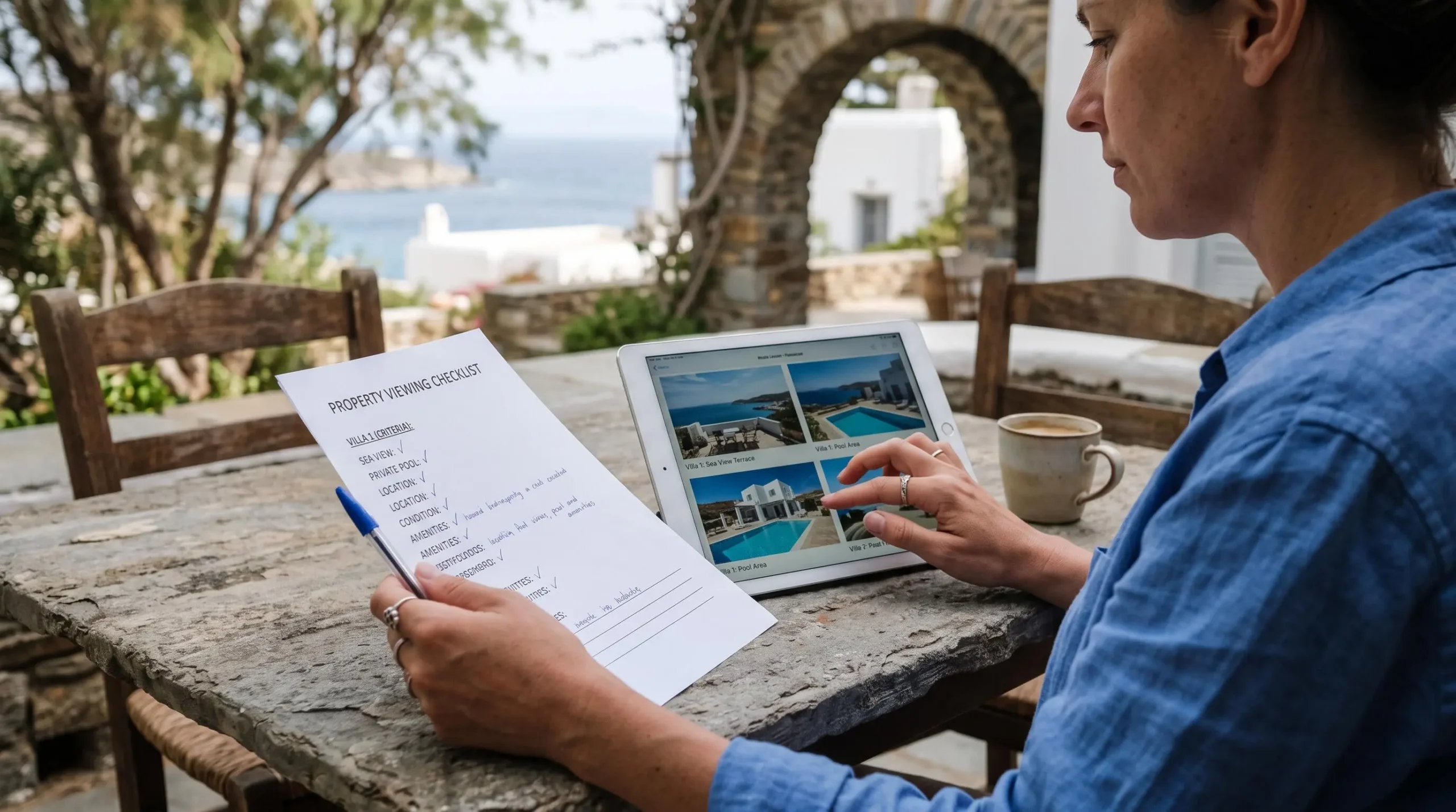Hands comparing a printed checklist with property photos on a tablet outdoors.